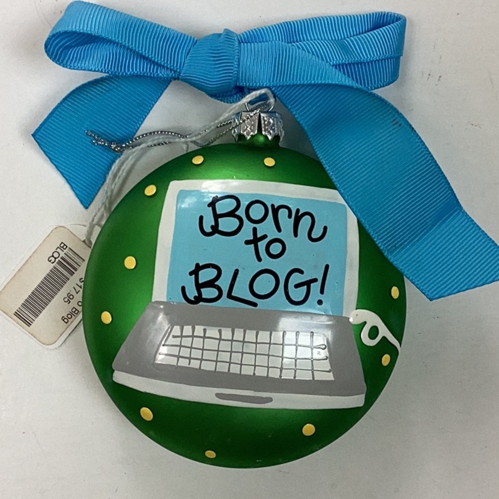 Green Born To Blog Laptop Computer With Mouse Painted Glass Ornament NWT
